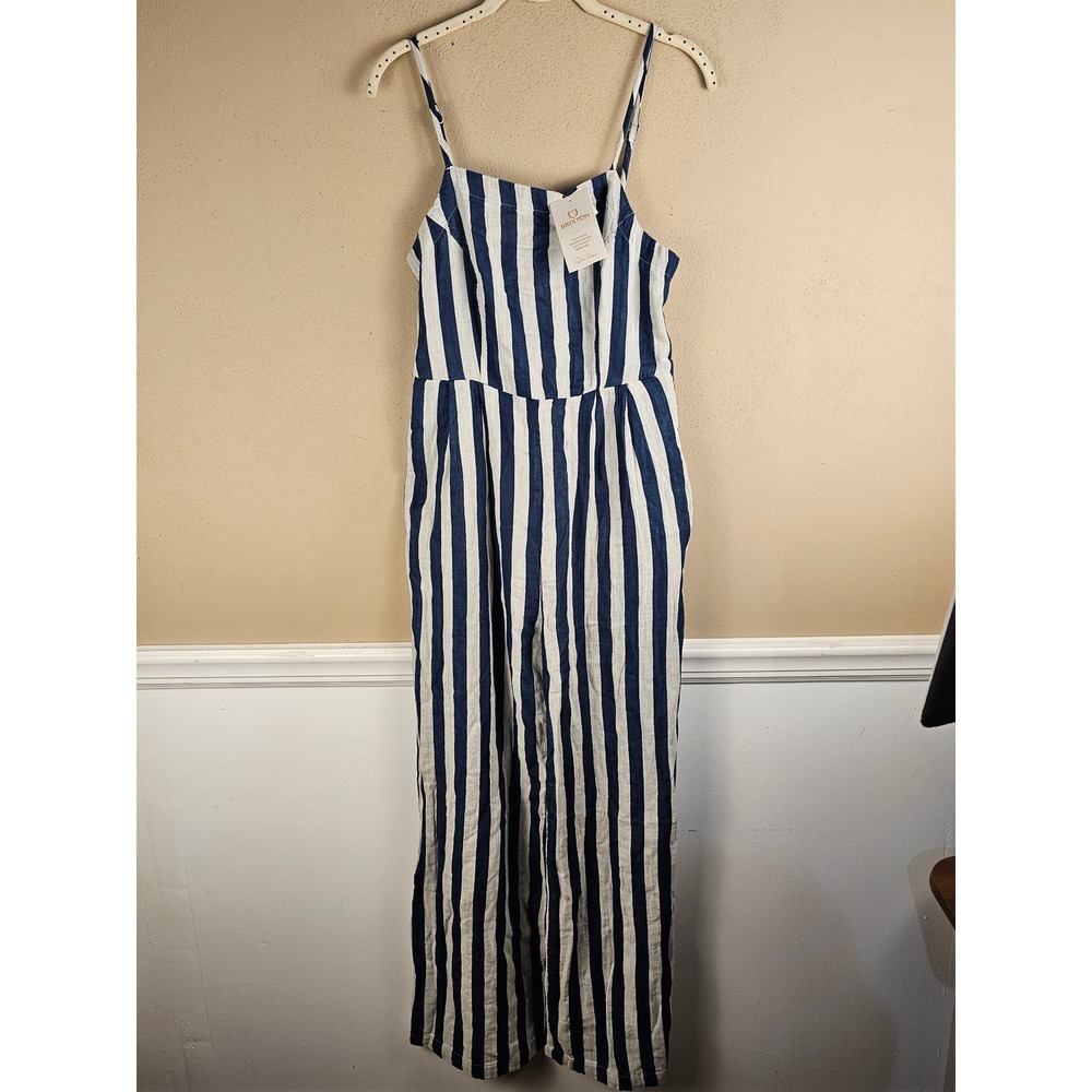 NWT Brixton Womens Deep Sea Blue Striped Mykonos Wide Leg Jumpsuit Small